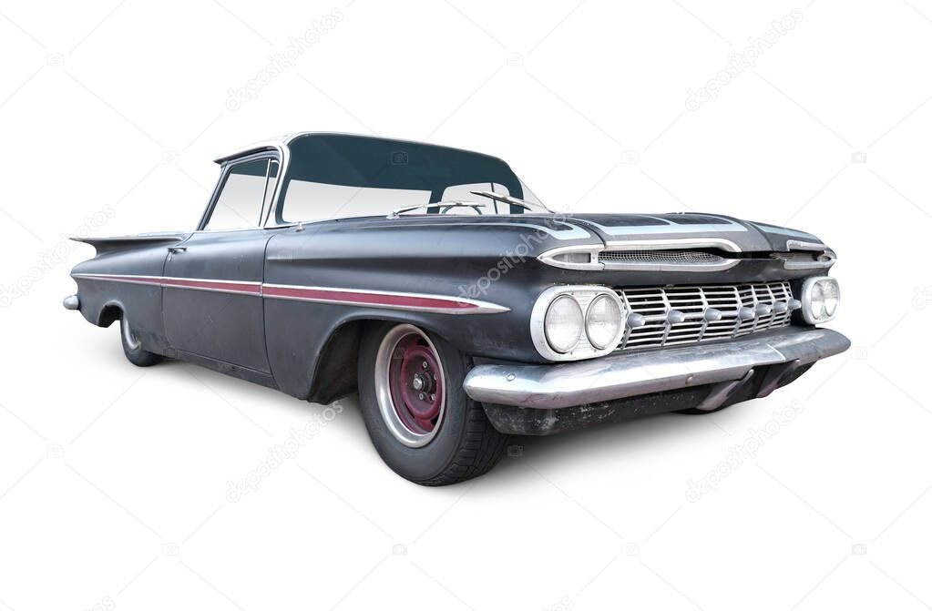 Old Rusty Chevrolet El Camino 1959 isolated on white. All Logos Removed.