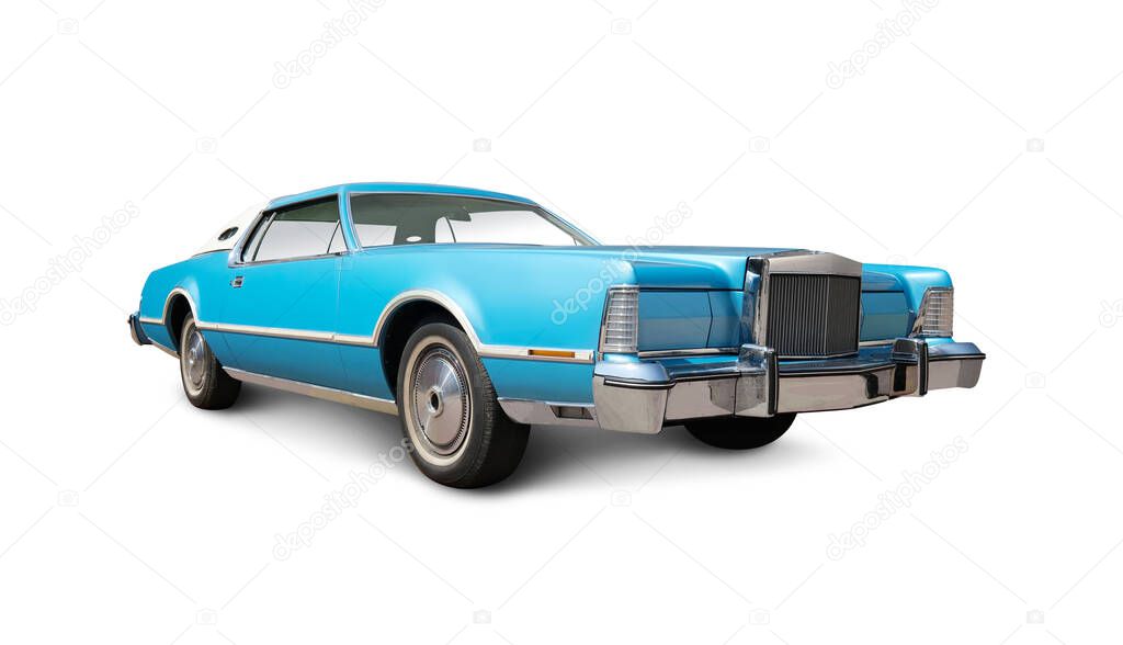 Blue Classic Retro Car Isolated on White. All Logos Removed.