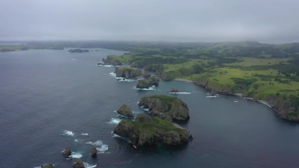 色丹島の美しい無人島湾 雲の中を飛ぶドローン ロシア太平洋岸の少ないクリル チェーン — ストック動画