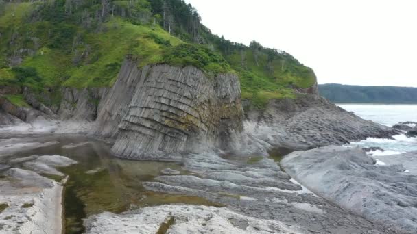 Voler Autour Cap Stolbchaty Formation Roches Volcaniques Sur Île Kunashir — Video