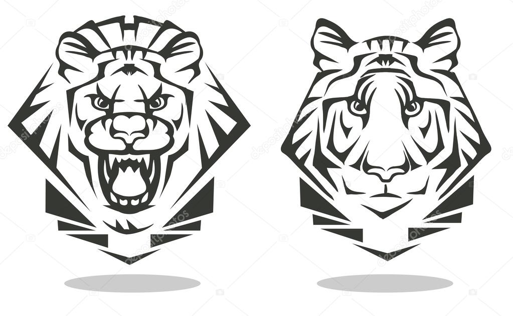 Vector black and white image of a tiger and a lion