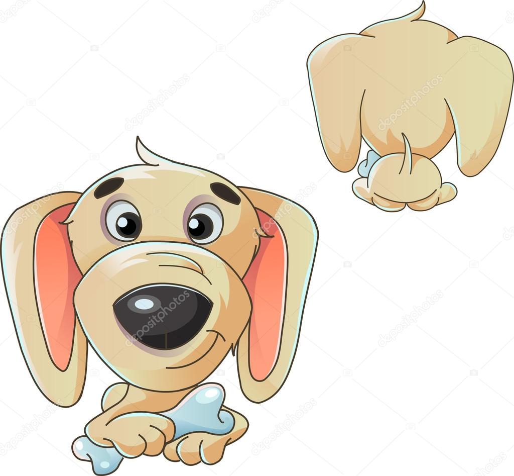 Cartoon illustration of a cute dog sitting down with a bone