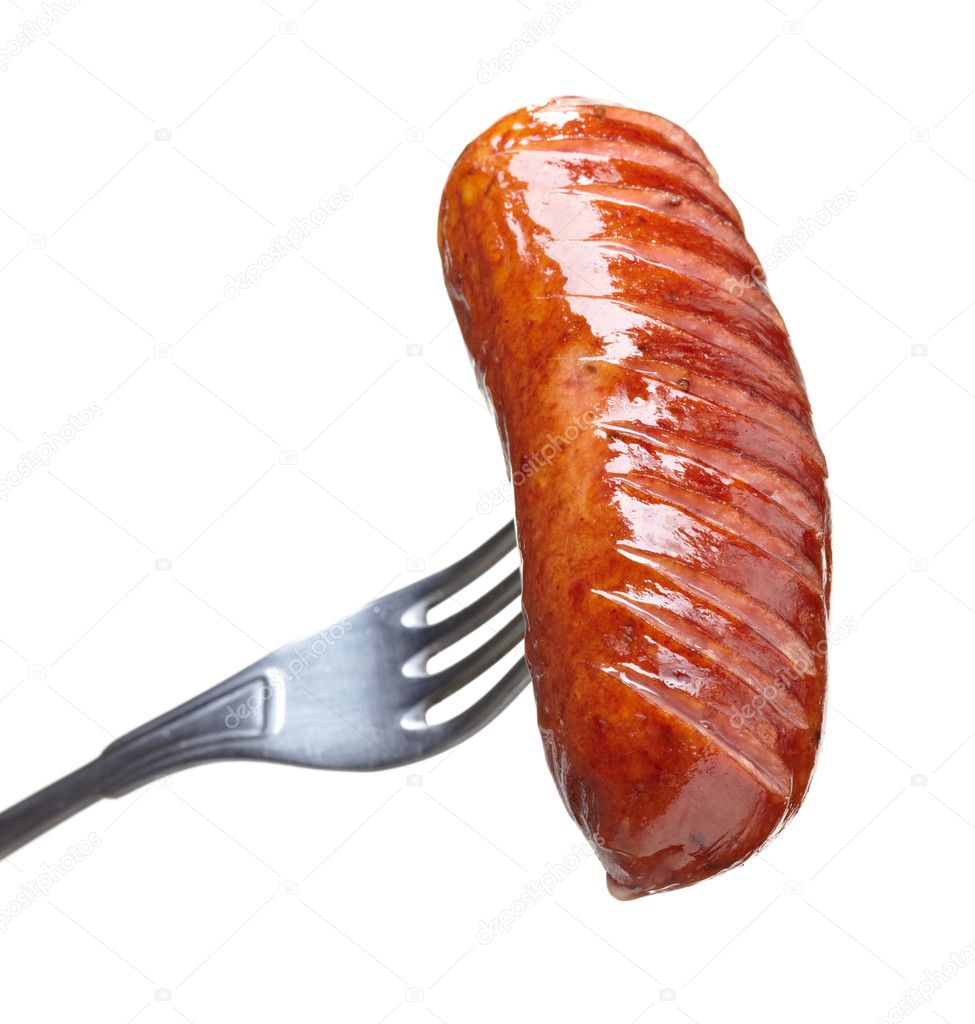 Grilled smoked sausage on a fork
