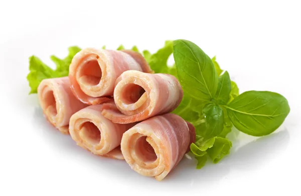 Bacon rolls and basil — Stock Photo, Image