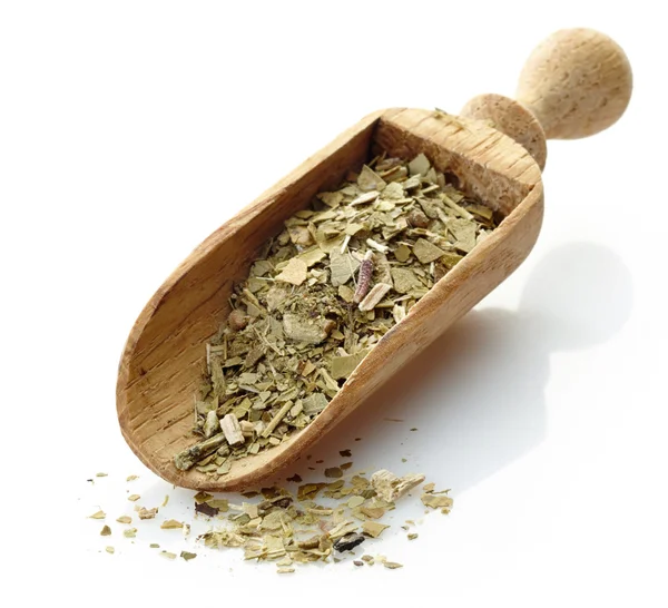 Wooden scoop with yerba mate tea — Stock Photo, Image