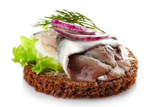 Brown bread canape with anchovies decorated with red onion and d — Stock Photo, Image