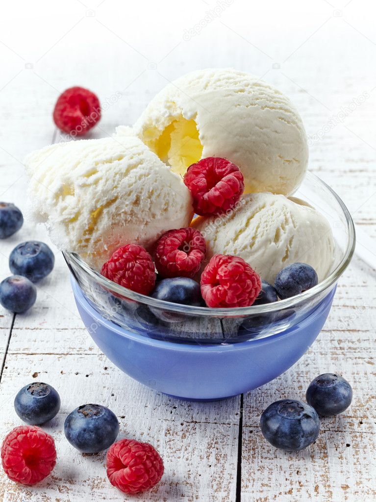 ice cream with raspberries and blueberries
