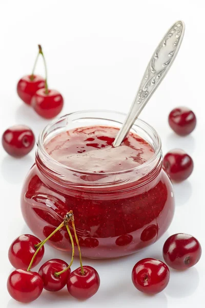 Jar of fruit and cherry jam — Stock Photo, Image