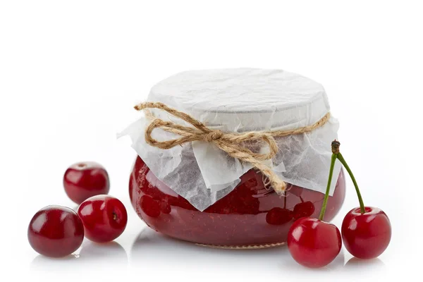Jar of fruit jam with cherries — Stock Photo, Image