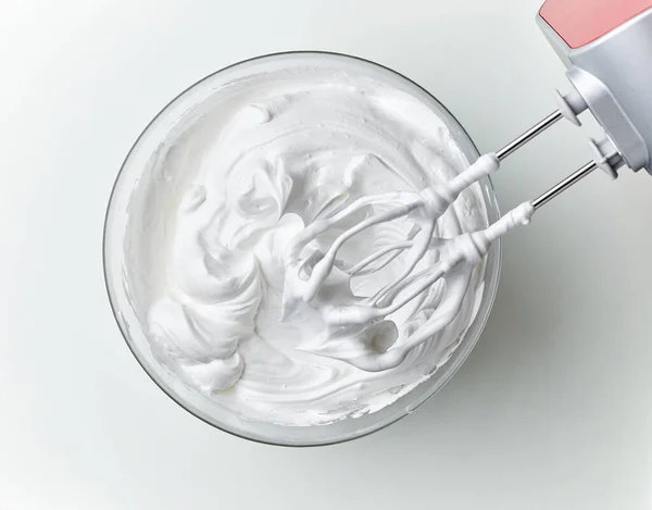 Bowl Whipped Egg Whites White Kitchen Table Top View — Stock Photo, Image