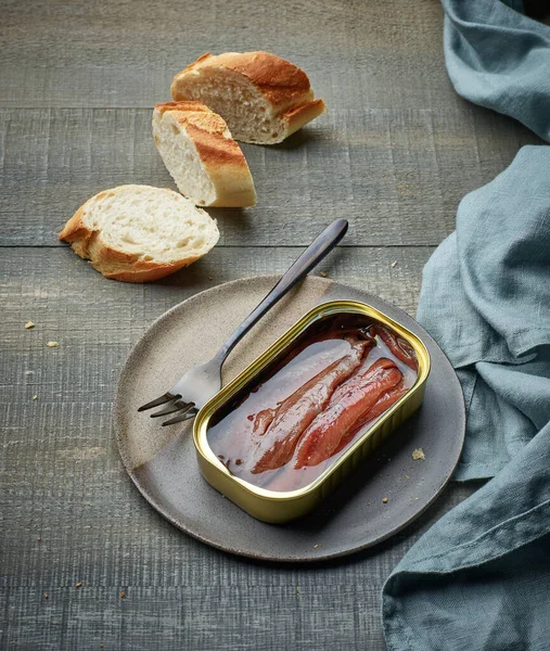 Canned Anchovy Fillets Slices Baguette Wooden Kitchen Table — Stock Photo, Image