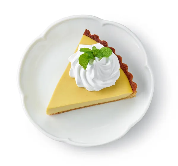 Slice Lemon Tart White Plate Isolated White Background Top View — Stock Photo, Image