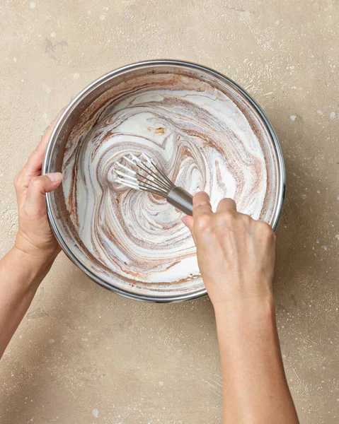 Chocolate Cake Dough Making Process Mixing Yogurt Dough Top View — Stock Photo, Image