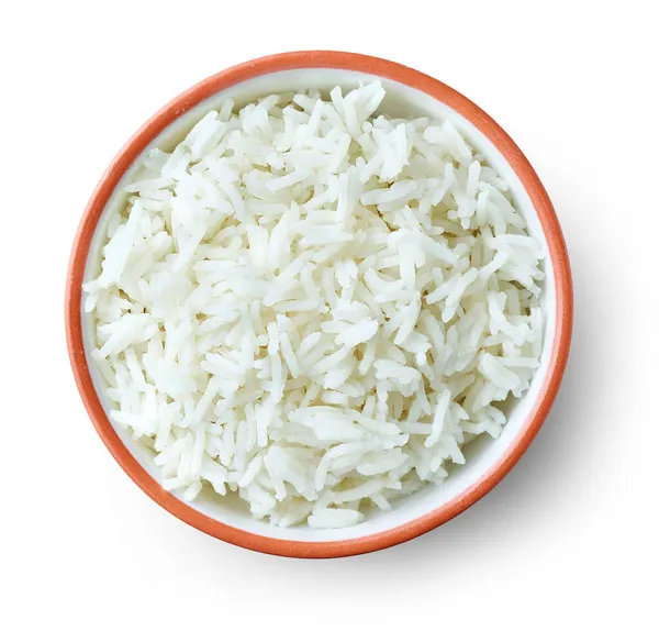 Μπολ Βρασμένο Ρύζι Που Απομονώνονται Λευκό Φόντο Top View — Φωτογραφία Αρχείου