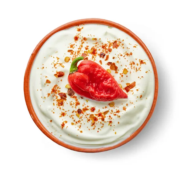 Bowl Hot Dip Yogurt Sauce Isolated White Background Top View — Stock Photo, Image