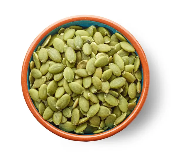 Bowl Pumpkin Seeds Isolated White Background Top View — Stock Photo, Image