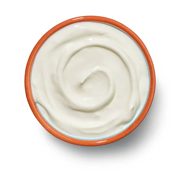 Ciotola Panna Acida Yogurt Isolato Sfondo Bianco Vista Dall Alto — Foto Stock