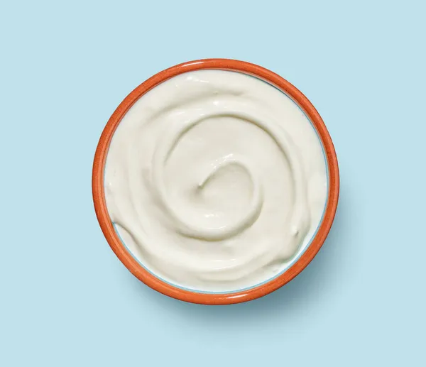 Bowl Sour Cream Yogurt Isolated Blue Background Top View — Stock Photo, Image