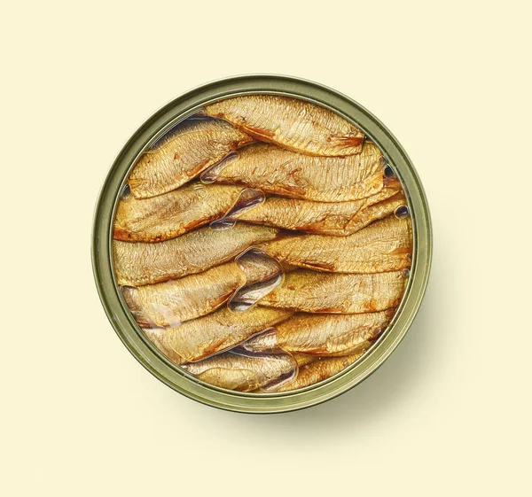 Canned Smoked Sprats Oil Isolated Yellow Background Top View — Stock Photo, Image