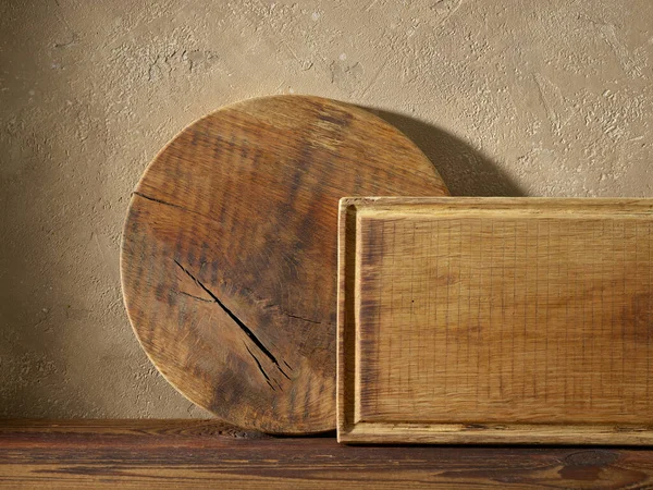 Wood Cutting Boards Brown Wooden Kitchen Shelf — Stock Photo, Image