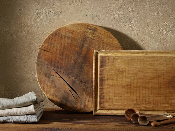 Varias Herramientas Cocina Sobre Mesa Madera Marrón — Foto de Stock