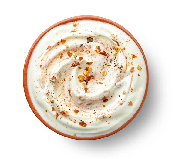 Bowl Hot Dip Yogurt Sauce Isolated White Background Top View — Stock Photo, Image