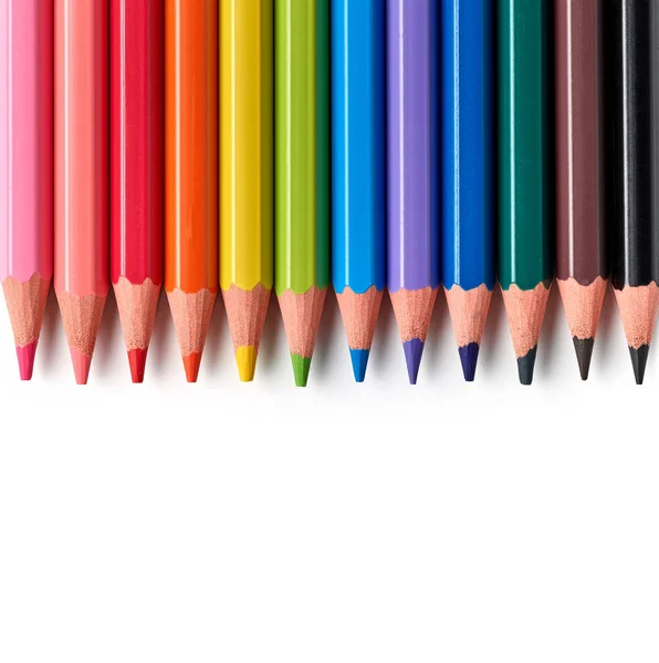 Renkli Tahta Kalemler Beyaz Arkaplanda Yakın Plan Üst Görünüm — Stok fotoğraf
