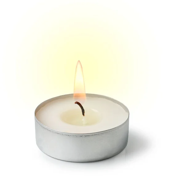 Burning Tea Light Candle Isolated White Background — Stock Photo, Image