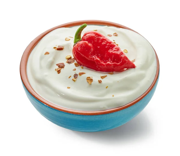 Bowl Hot Dip Yogurt Sauce Isolated White Background — Stock Photo, Image