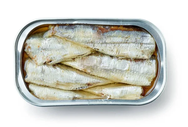 Open Sardines Can Isolated White Background Top View — Fotografia de Stock