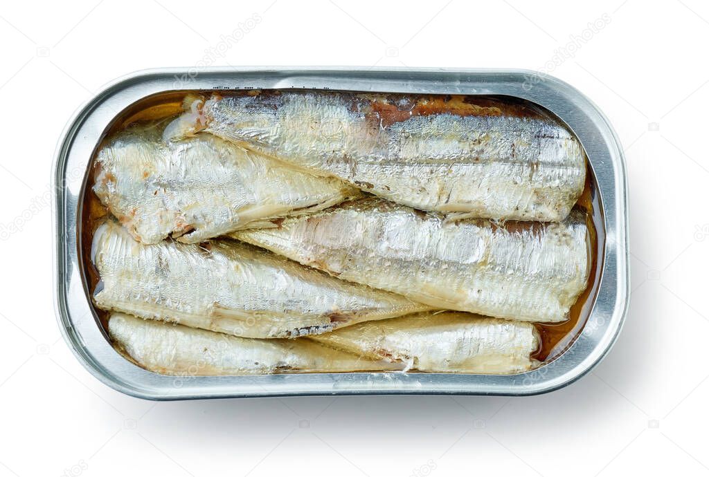 open sardines can isolated on white background, top view