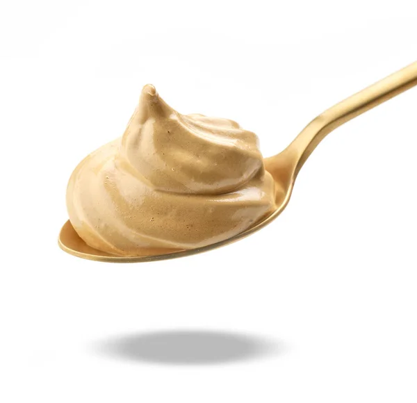 Spoon Whipped Caramel Coffee Mousse Dessert Isolated White Background — 图库照片