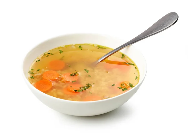 Tazón Sopa Caldo Pollo Con Verduras Arroz Aislado Sobre Fondo —  Fotos de Stock