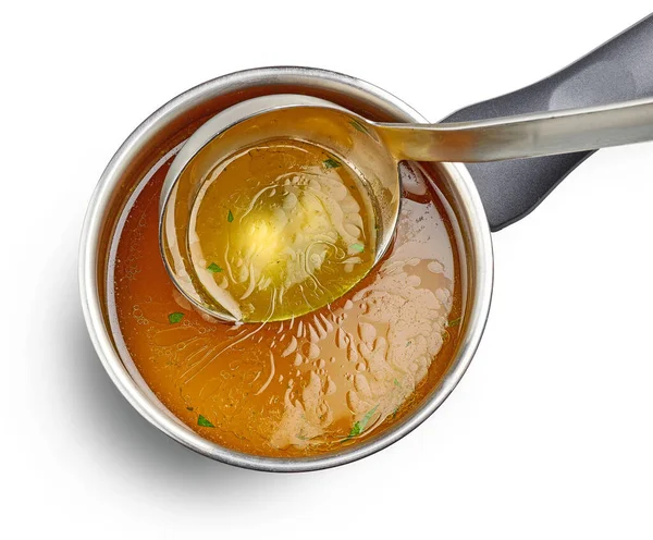 Fresh Chicken Broth Saucepan Isolated White Background Top View — Foto de Stock