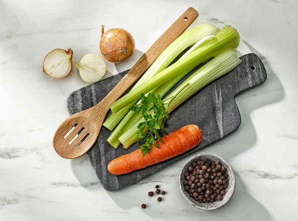 Various Food Ingredients Making Broth Kitchen Table Top View — стоковое фото