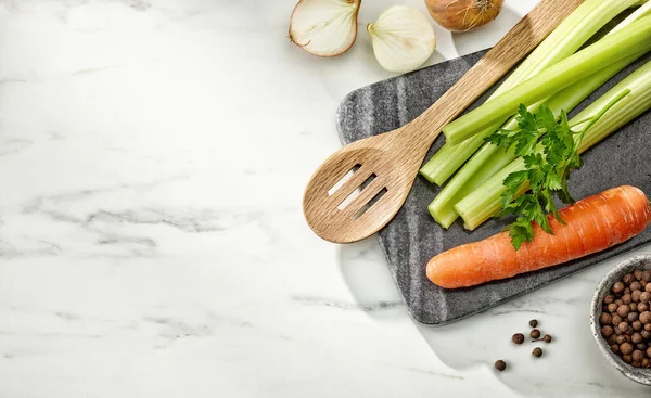 Various Food Ingredients Making Broth Kitchen Table Top View — Fotografia de Stock