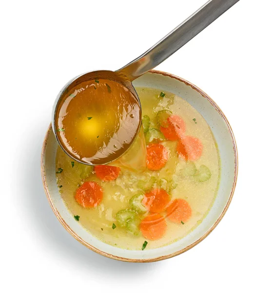 Brühsuppe Schüssel Isoliert Auf Weißem Hintergrund Draufsicht — Stockfoto