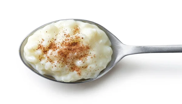 Spoon Gluten Free Rice Milk Pudding Cinnamon Isolated White Background — Stock Photo, Image