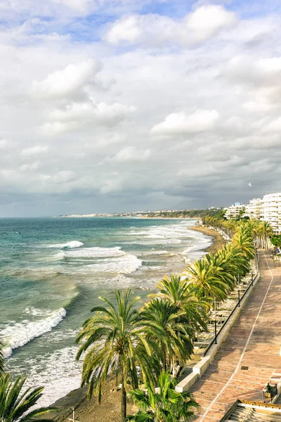 Vista Panorâmica Marbella Calçadão Mar Tempestuoso Espanha Resort Janeiro — Fotografia de Stock