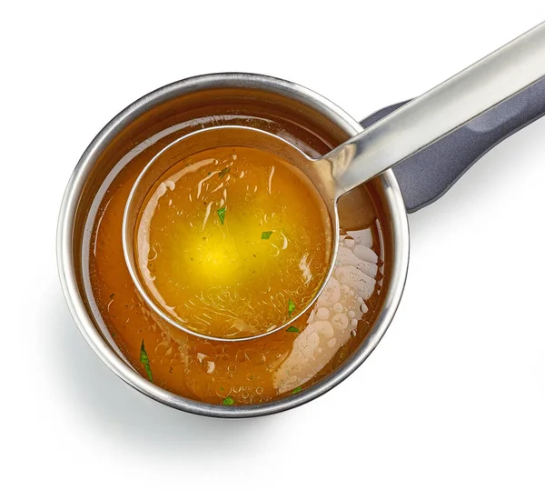 Fresh Chicken Broth Isolated White Background Top View — Stock Photo, Image