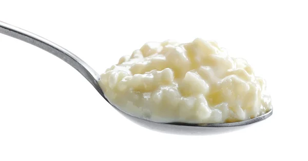 Löffel Reis Und Milchpudding Isoliert Auf Weißem Hintergrund — Stockfoto