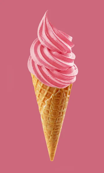 ピンクの背景に隔離されたワッフルコーンのソフトクリームの渦 — ストック写真