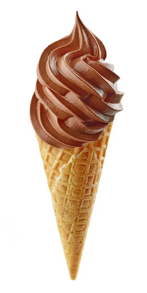 Мягкое Шоколадное Мороженое Вафельном Конусе Белом Фоне — стоковое фото
