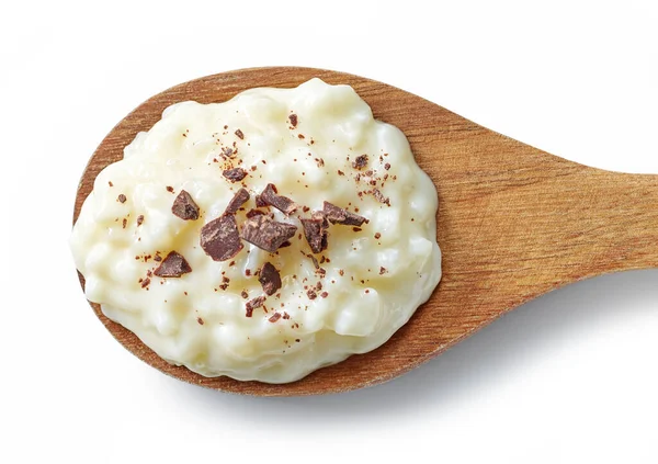 Ris Och Mjölk Pudding Dekorerad Med Choklad Smulor Trä Sked — Stockfoto