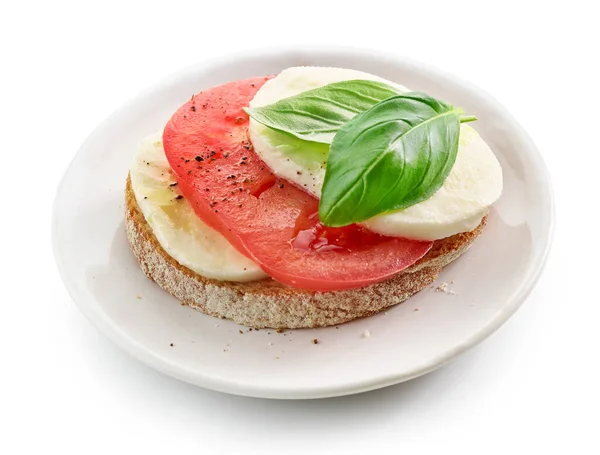 Teller Bruschetta Mit Tomaten Und Büffelmozzarella Isoliert Auf Weißem Hintergrund — Stockfoto