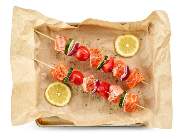 Raw Salmon Vegetable Skewers Oven Pan Top View — Stock Photo, Image