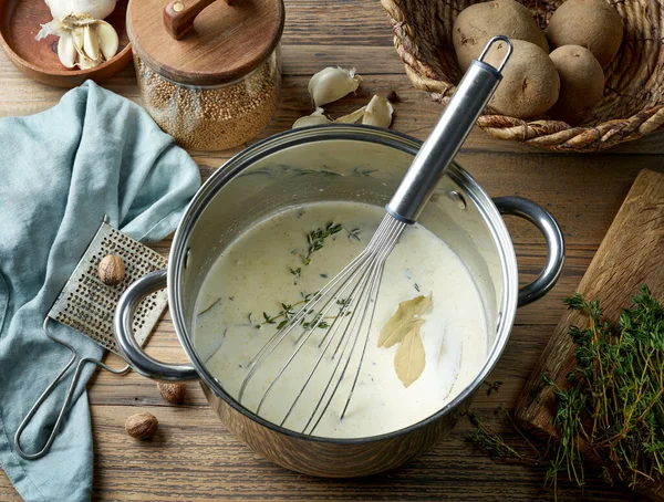 Pot Milk Cream Herbs Making Potato Gratin Rustic Wooden Kitchen — Stock Photo, Image