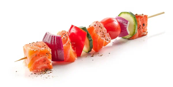 Fresh Raw Salmon Vegetable Skewer Isolated White Background — Stock Photo, Image
