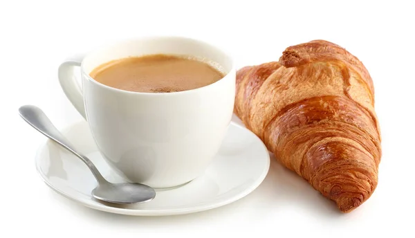 Vers Gebakken Croissant Kopje Koffie Geïsoleerd Witte Achtergrond — Stockfoto