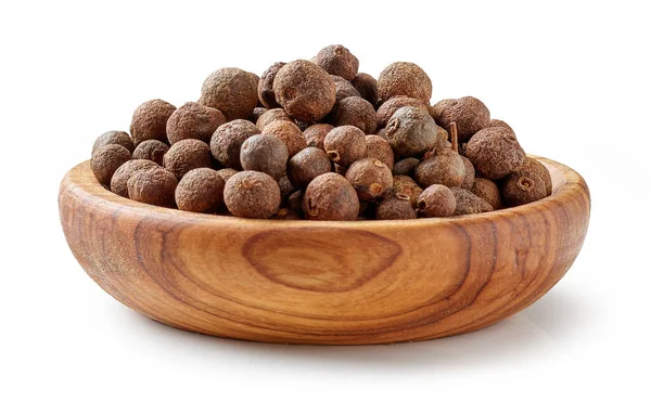 Aromatic Black Pepper Olive Wood Bowl Isolated White Background — Stock Photo, Image